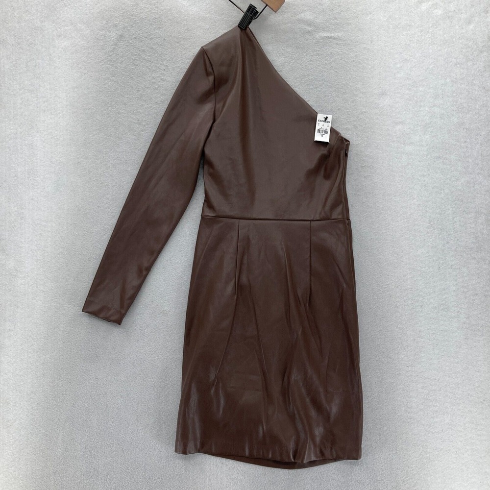 Express Brown Faux‎ Leather One Shoulder Bodycon Dress XS Long Sleeve Party NWT - Picture 13 of 14
